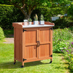 Topeakmart Potting Bench Table - Wooden Storage Cabinet with Removable Shelf & Flexible Space & Metal-Plated Tabletop for Outdoor Garden Patio,Brown
