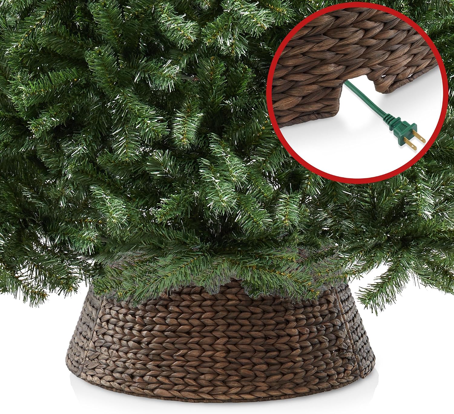 Casafield 24-Inch Christmas Tree Collar, Woven Water Hyacinth Tree Base Cover with Cord Cut Out, Espresso