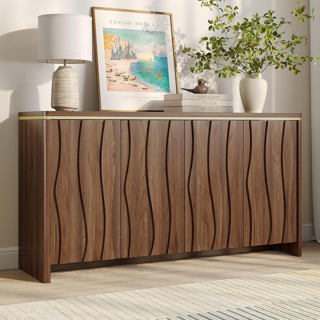 Vabches Fluted Buffet Cabinet with Storage, 3D Ripple Pattern Doors and Curved Edges, Modern Sideboard for Kitchen, Entryway, 4 Doors & Adjustable Shelf, Walnut, 57.9" W