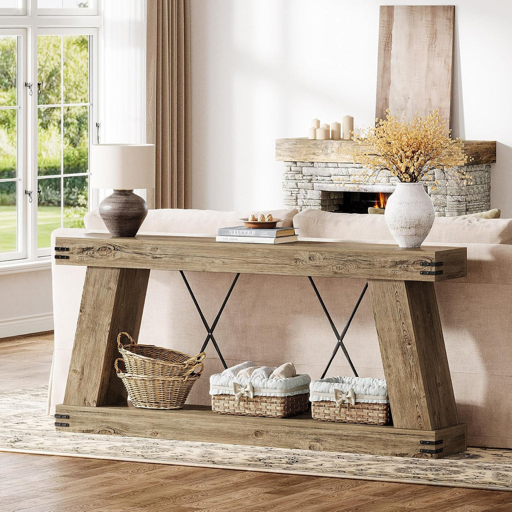 Tribesigns 70.9" Farmhouse Console Table, Long Sofa Table Behind Couch with Storage, Narrow Console Station, Industrial Rustic Entryway Furniture for Hallway, Entry, Living Room (1, Light Brown Oak)