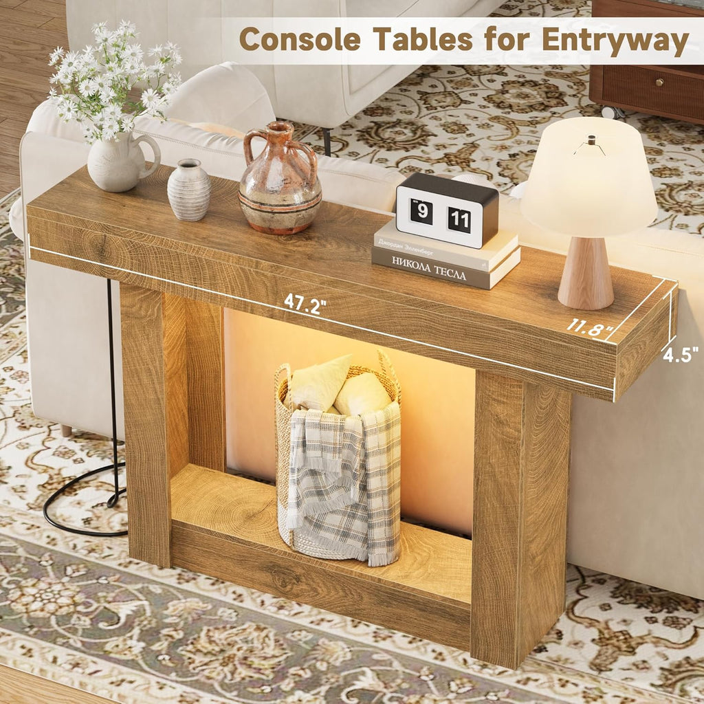 LIFECHOVY 47.2" Entryway Table with Outlet, 2-Tier Narrow Console Table with Sensor Light, Behind the Couch Sofa for Hallway/Living Room/Entrance, Natural Oak