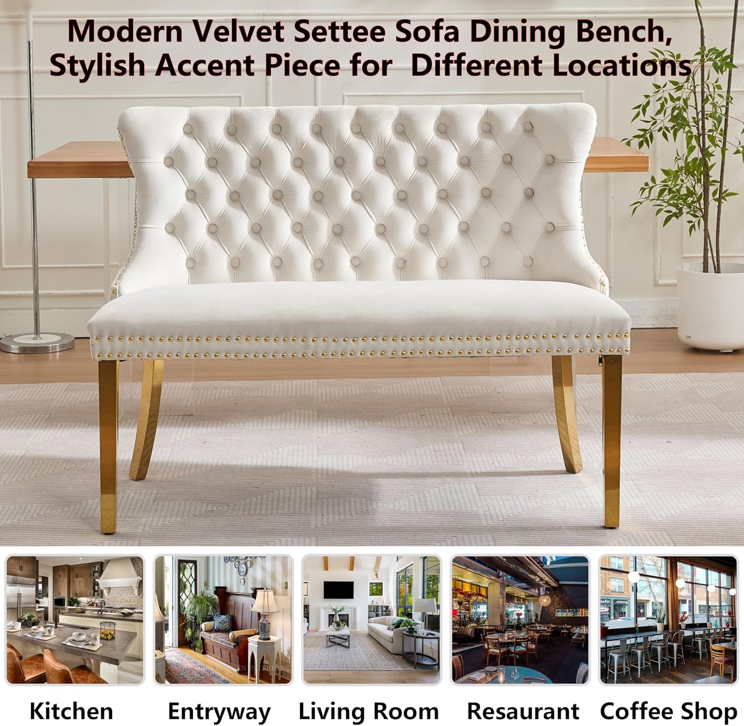 Upholstered Dining Bench with Back Button Tufted Settee Benches Small Loveseat Sofa Couch for Small Spaces,Entryway,Kitchen Banquettee Seating Sofa Benches with Backrest (Beige, Dining Bench)