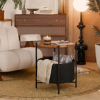 danpinera Round Side Table, Folding Round Metal End Table Small Nightstand with Basket for Bedroom Living Room Bedside Small Spaces Walnut