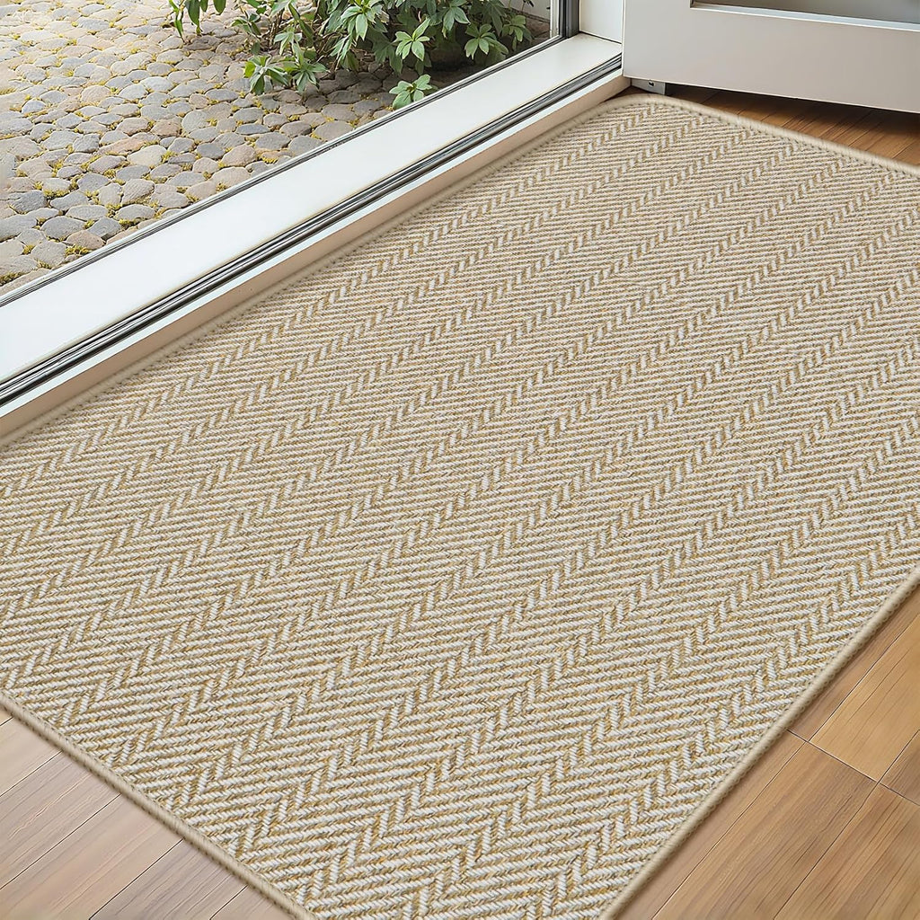 Ultra Thin Door Mat Indoor Entrance 17"x29", Low-Profile Indoor Door Mat, Non Slip Entry Mat Rubber Backing Unique Herringbone Design Inside Doormat Dirt Trapper Entryway Mats, Beige
