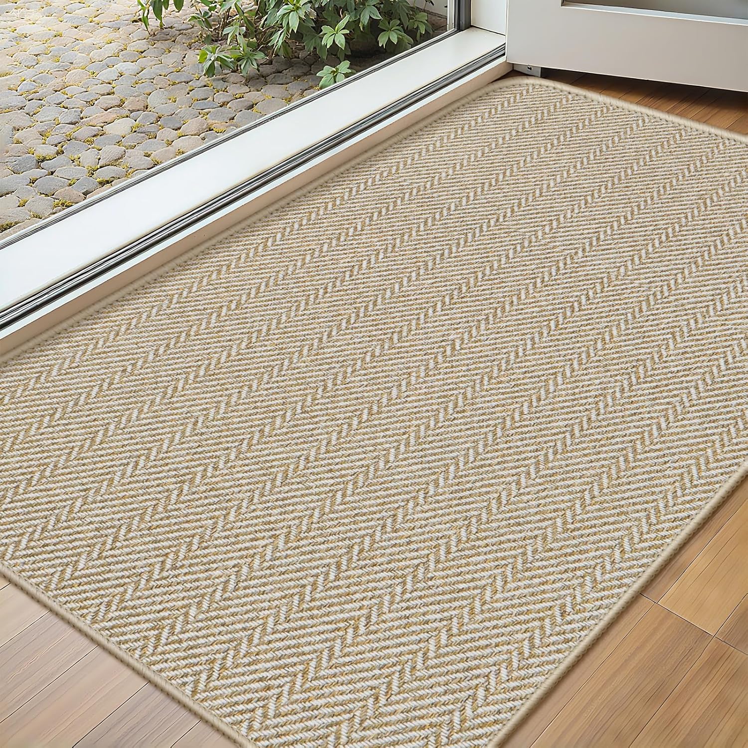 Ultra Thin Door Mat Indoor Entrance 17"x29", Low-Profile Indoor Door Mat, Non Slip Entry Mat Rubber Backing Unique Herringbone Design Inside Doormat Dirt Trapper Entryway Mats, Beige