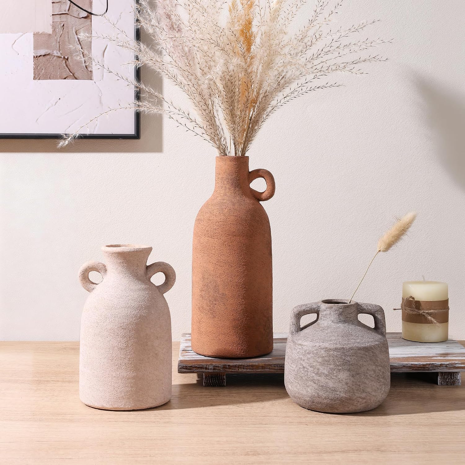 Ceramic Vase Set, 3Pcs Flower Vases for Modern Boho Farmhouse Decor, Decorative Vases for Pampas Grass & Dried Flowers, Distressed Finish