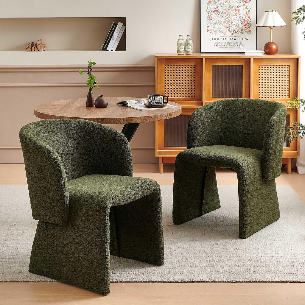 Barrel Dining Chairs Set of 2, Modern Comfy Kitchen Chairs with Arm, Upholstered Teddy Velvet, Bedroom, Living Room, Reading Room, Green