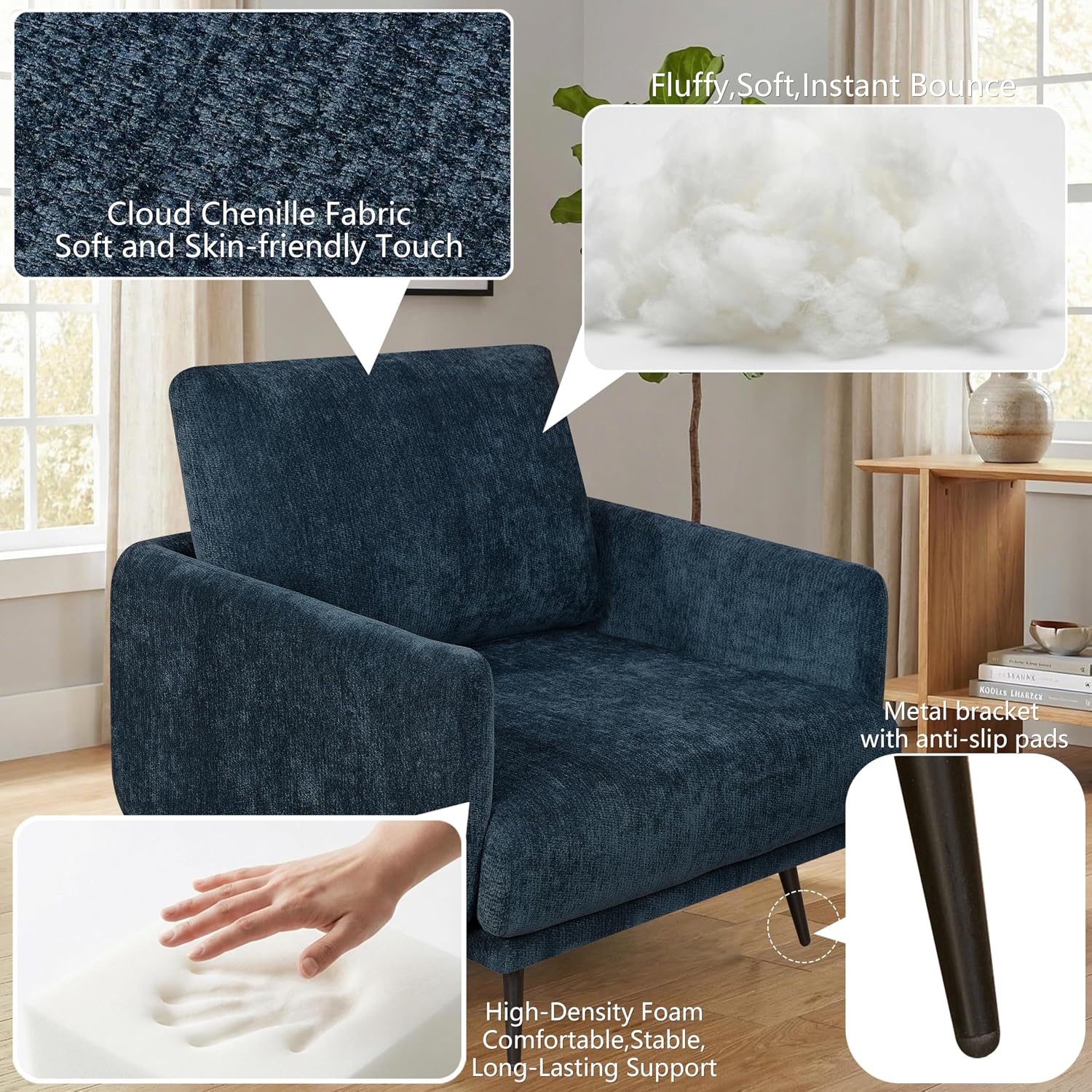 Oversized Accent Chair for Living Room Chairs Reading Arm Chair Comfy Modern Single Sofa Side Chairs with Metal Legs & Soft Cushion for Bedroom, Waiting Room