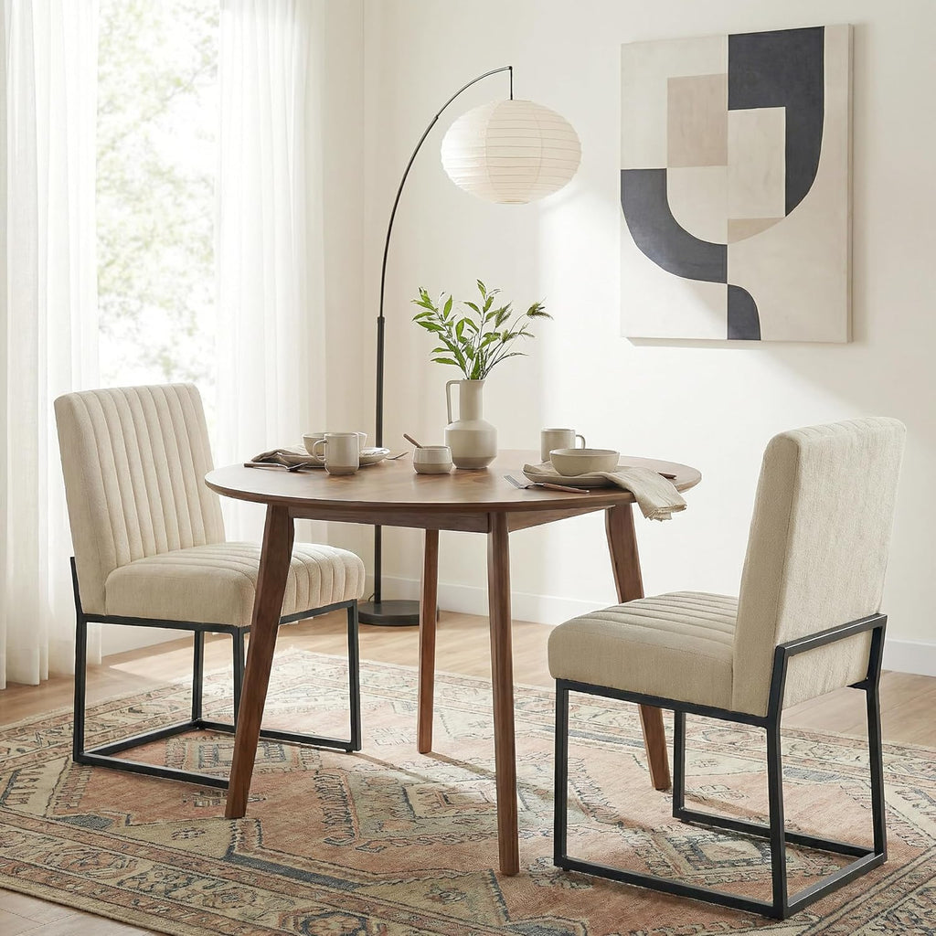 VKNOW Upholstered Dining Chairs Set of 4, Modern Dining Room Chairs with Stripe, Linen Kitchen Chair Dinner Chair with Black Metal Base for Kitchen, Beige