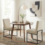 VKNOW Upholstered Dining Chairs Set of 4, Modern Dining Room Chairs with Stripe, Linen Kitchen Chair Dinner Chair with Black Metal Base for Kitchen, Beige