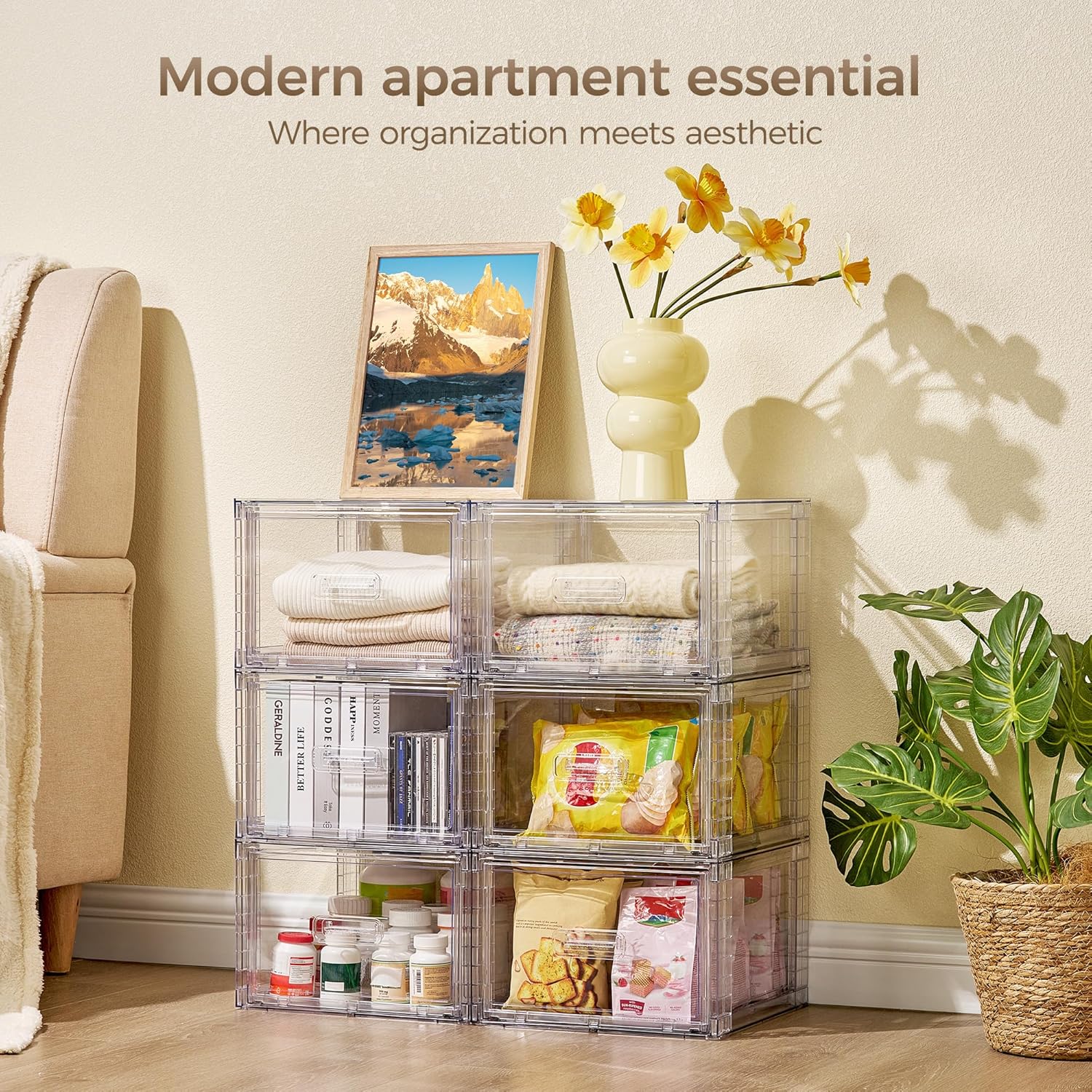 Vtopmart 4 Pack Clear Stackable Storage Drawers 15QT, Easily Assemble Closet Organizers,Plastic Storage Bins for Bathroom,Cabinet,Kitchen Pantry,Under Sink Organization(Medium)
