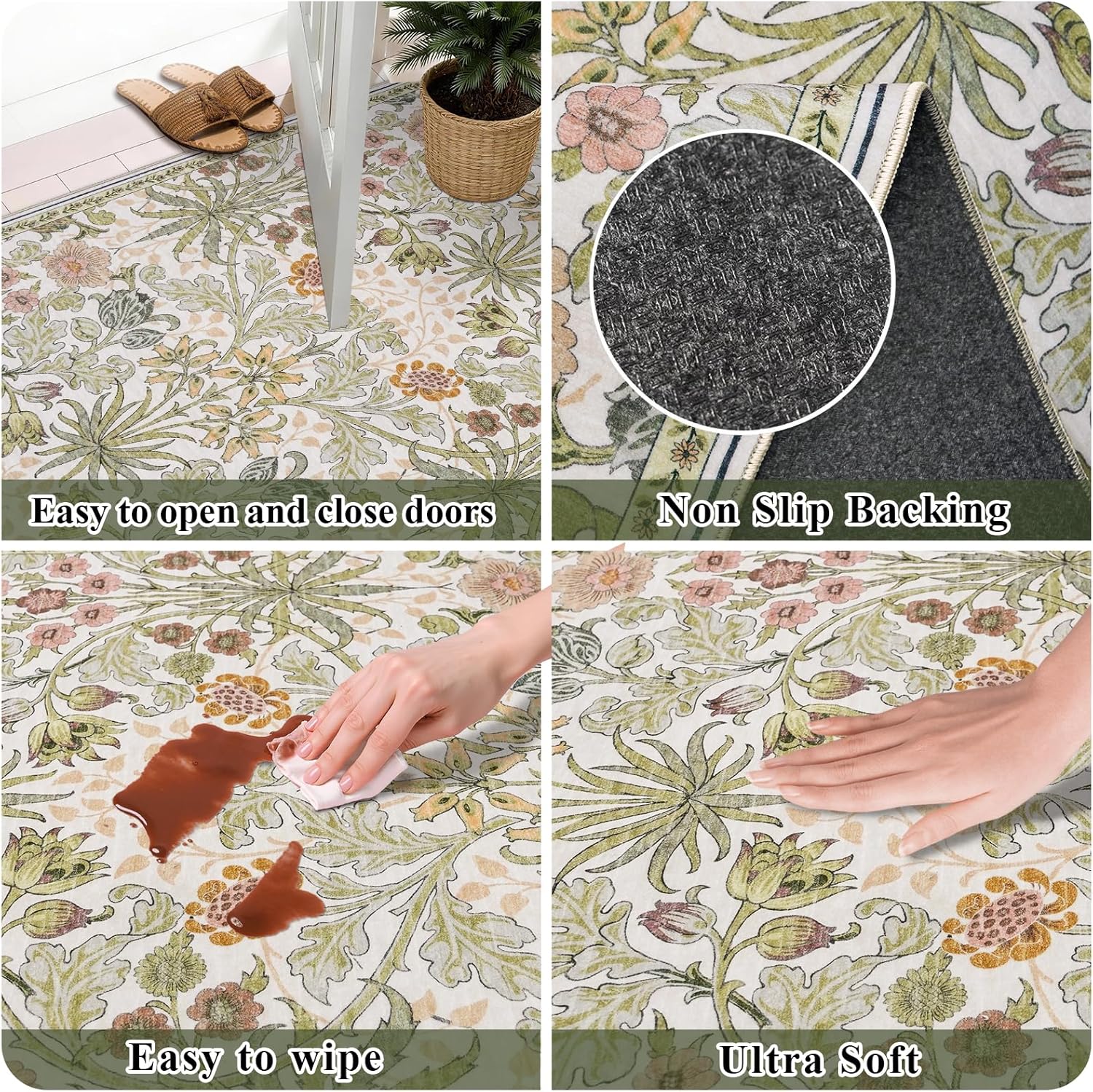 3x6 Washable Non-Slip Entryway Rug: Floral Indoor Runner Rugs Floor Carpet for Hallways Kitchen Bedroom Laundry Bathroom Beside Bed - Stain & Fade Resistant, Boho Botanical Design 3x6 Beige