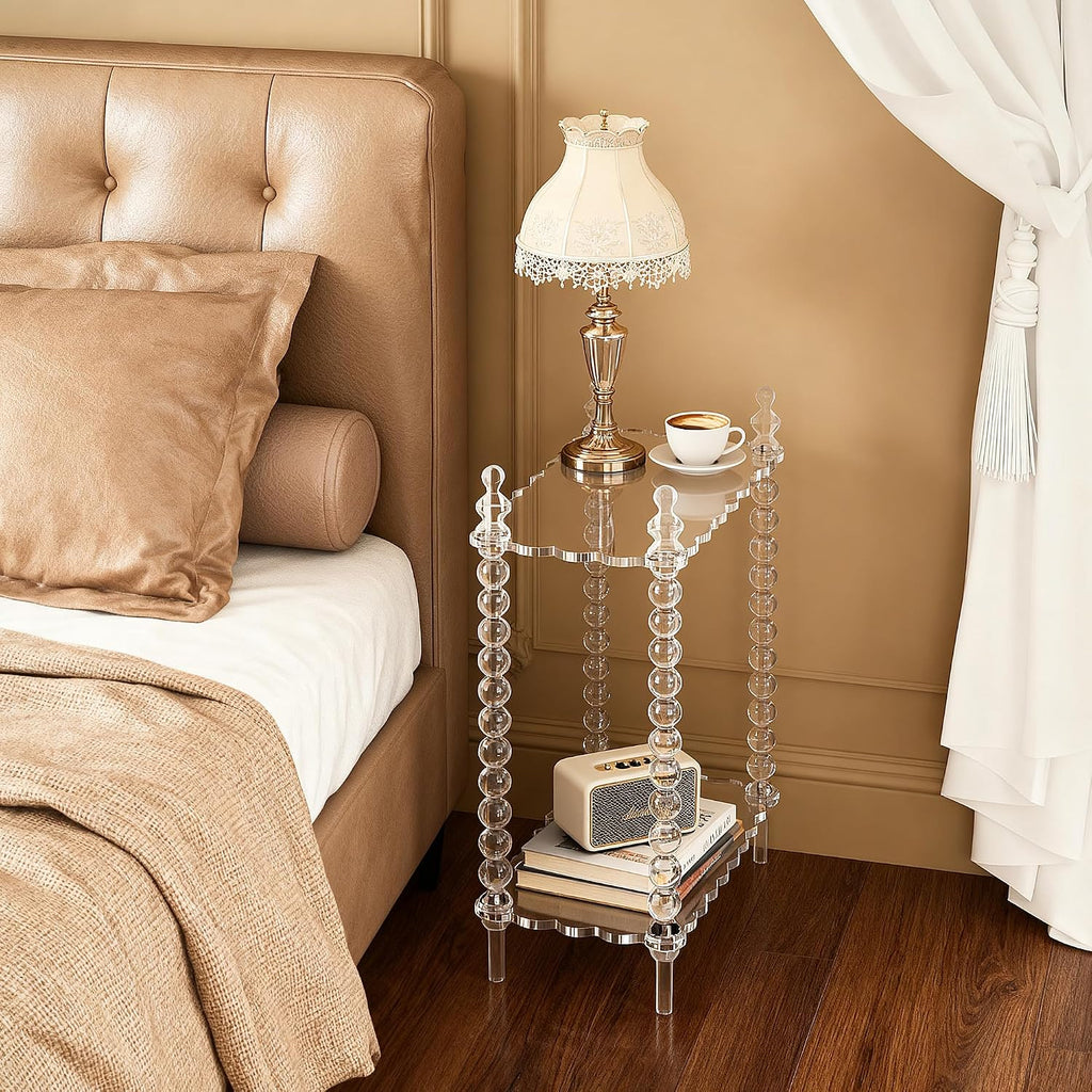 Acrylic Side Table 2-Tier, Clear Nightstand with Storage, Narrow Bedside End Table for Small Spaces (Clear, 20.7"×10.4“×25.9”)