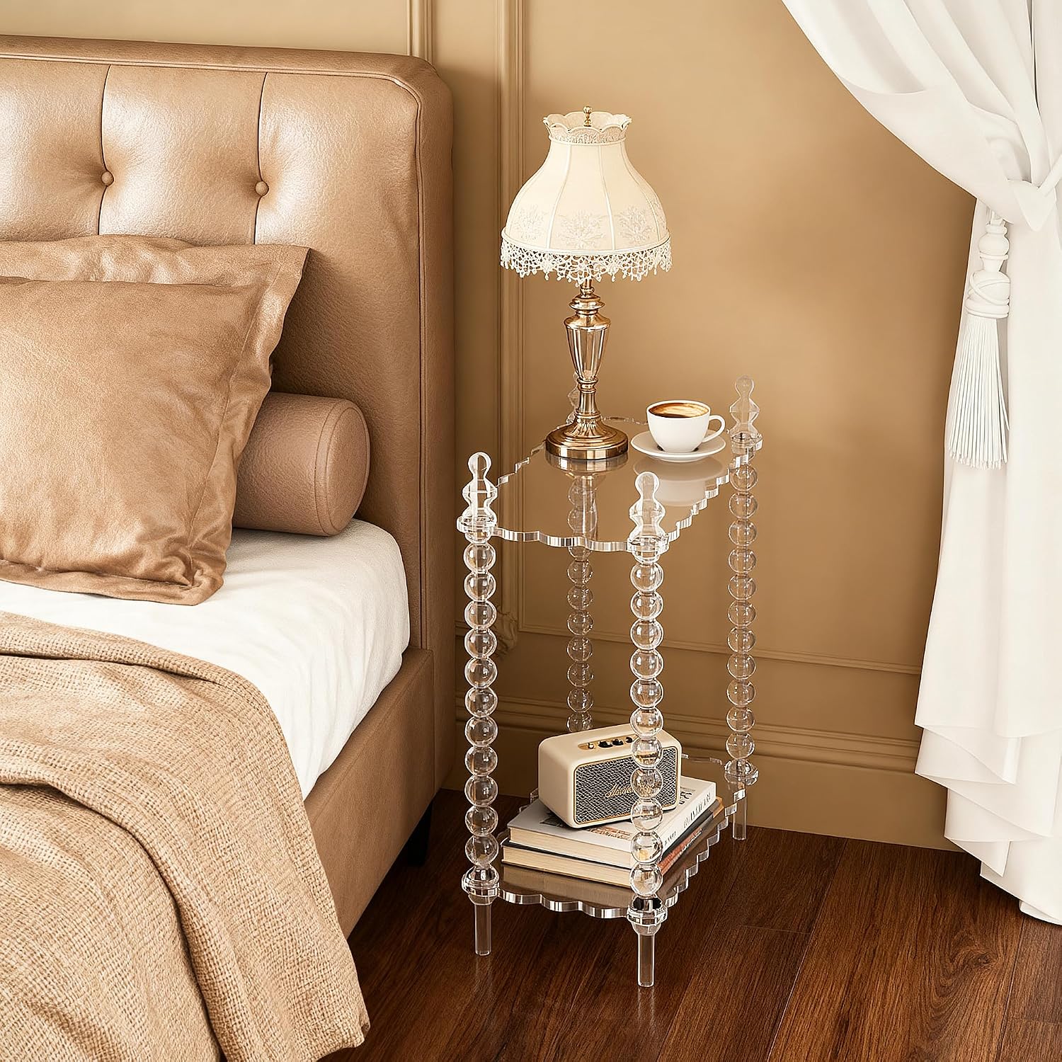Acrylic Side Table 2-Tier, Clear Nightstand with Storage, Narrow Bedside End Table for Small Spaces (Clear, 20.7"×10.4“×25.9”)