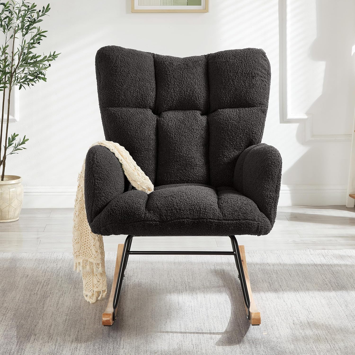 Teddy Fabric Glider Chair, 300 lbs Capacity Upholstered Rocking Chair with Metal Frame, Ergonomic High Back Accent Chair for Living Room and Bedroom, Soft Tufted Lounge Chair (Dark Gray)