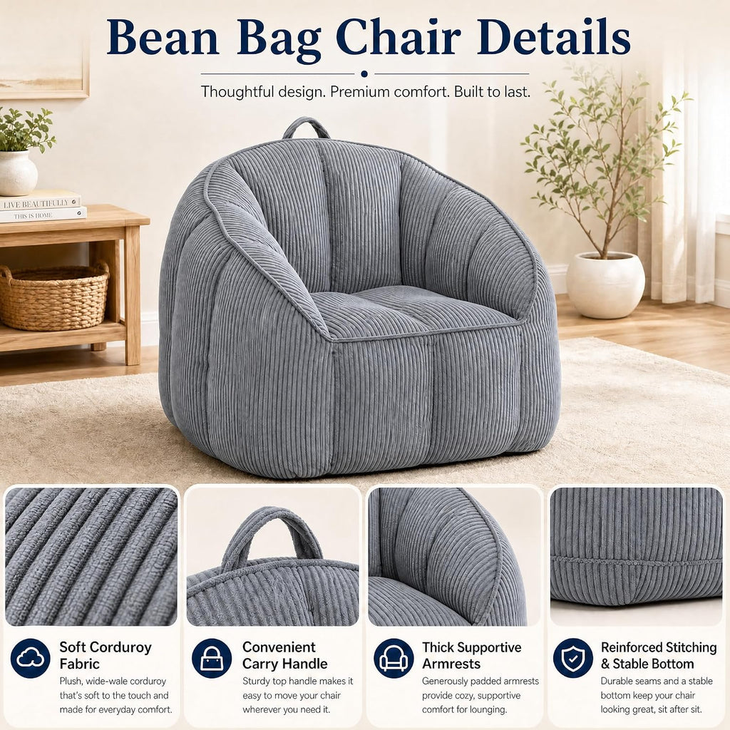 Bean Bag Chair for Adults with Armrests, Oversized Corduroy Bean Bag Sofa with High Back Support, Comfy Memory Foam Lounge Chair for Living Room, Bedroom, Dorm & Gaming (Dark Gray)