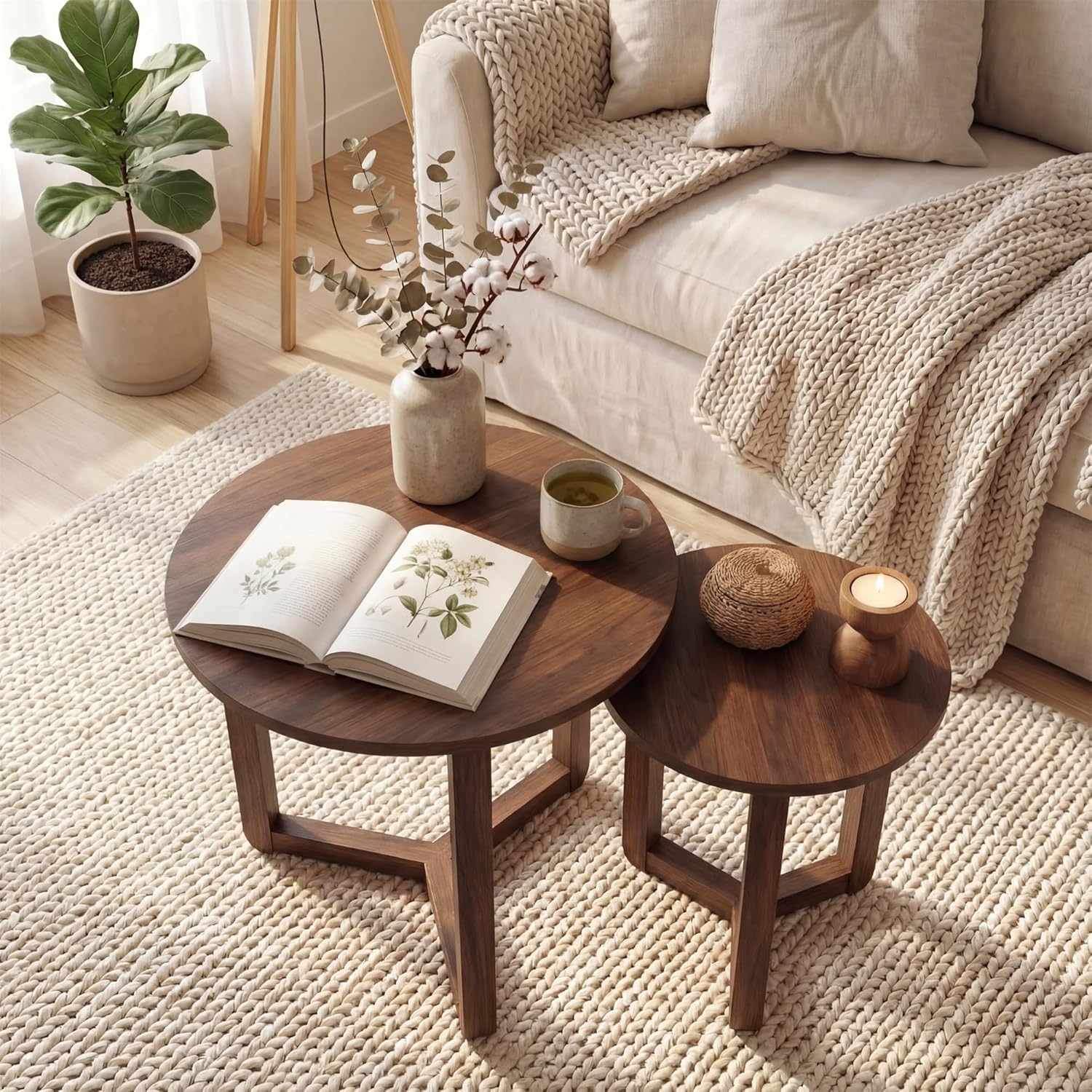 Tangkula Round Nesting Coffee Table Set of 2, Farmhouse End Tables with Solid Rubber Wood Tripod Legs, Compact Sofa Side Tables for Living Room Bedroom Small Spaces (Walnut)