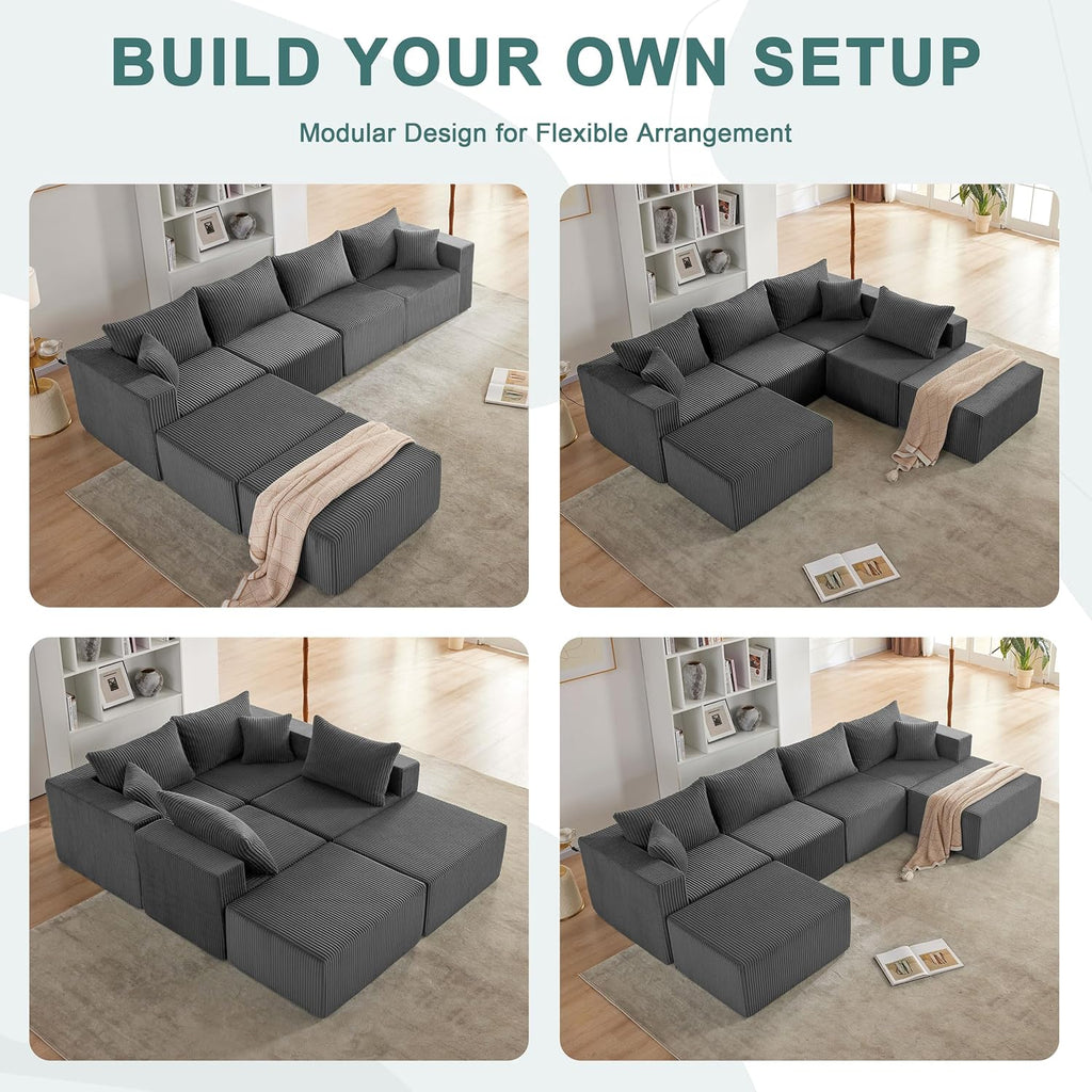 Weture 121''Modular Sectional Sofa with 2 Ottoman, Boneless couches for Living Room Furniture, Comfort U Shaped Sofa, Deep Seat Corner Couch, No Assembly Required（Gray, Corduroy）