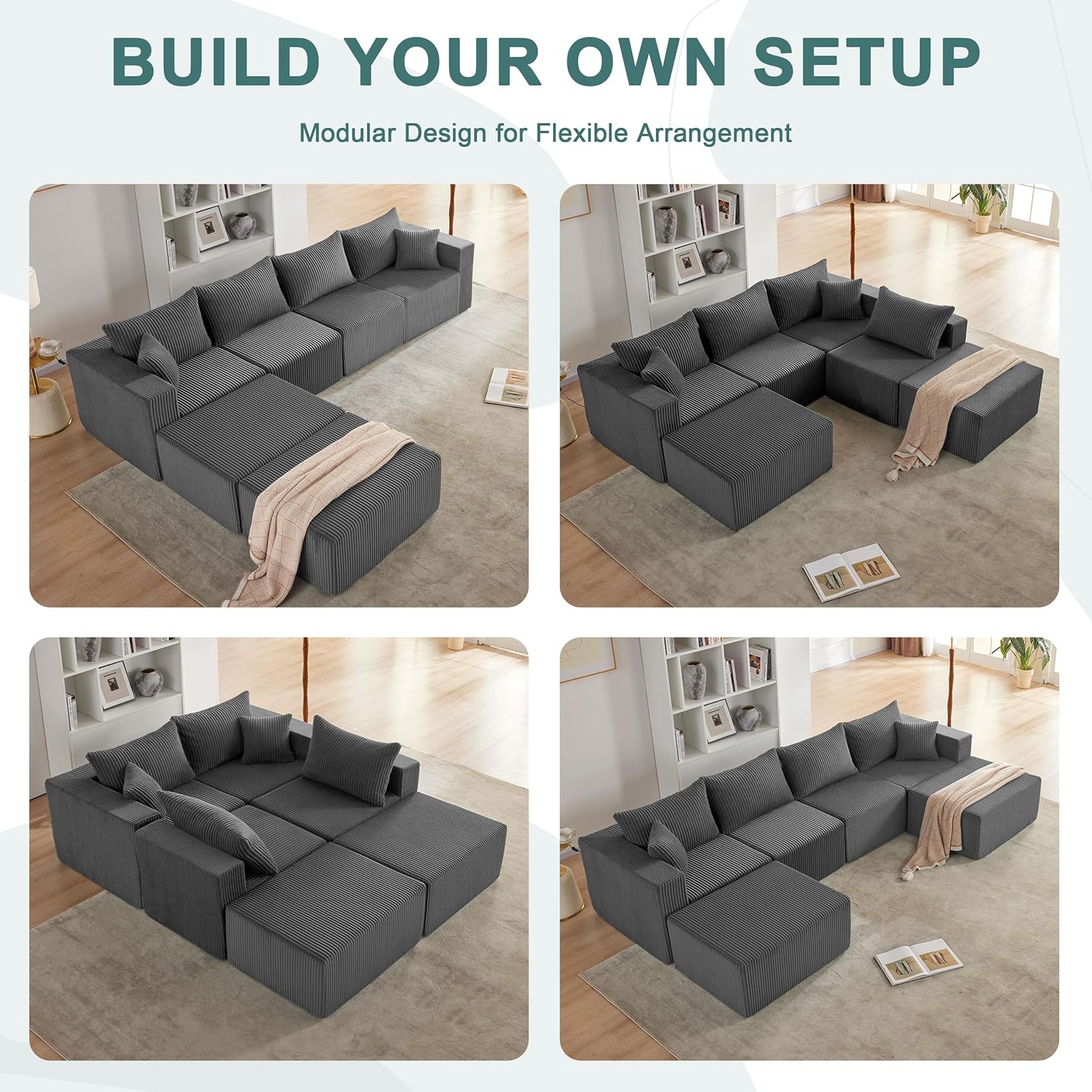 Weture 121''Modular Sectional Sofa with 2 Ottoman, Boneless couches for Living Room Furniture, Comfort U Shaped Sofa, Deep Seat Corner Couch, No Assembly Required（Gray, Corduroy）