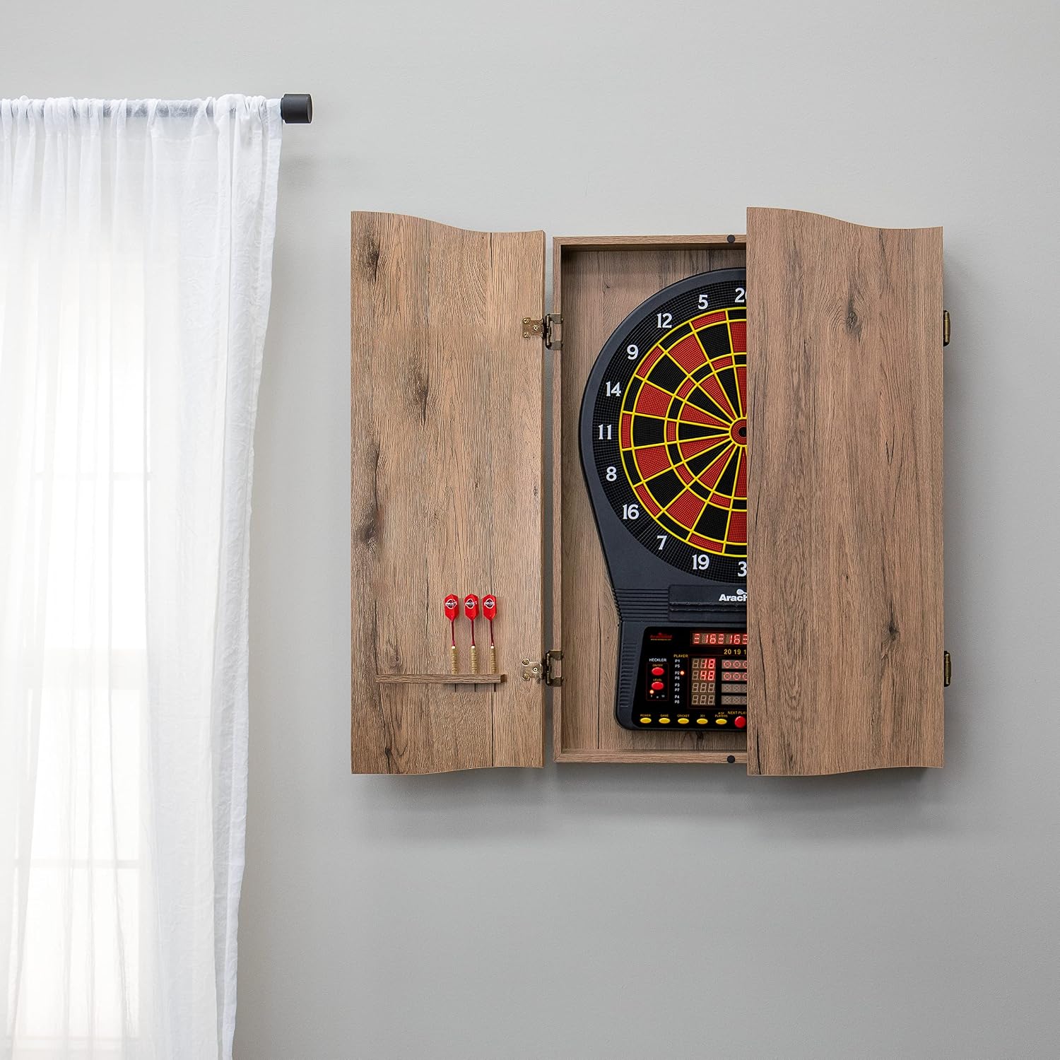 DMI Sports Tan CricketPro Dartboard Cabinet | Designed for Arachnid 15.5” CricketPro 900, 800, 750, 650 Electronic Dartboards | Does Not Include Dartboard