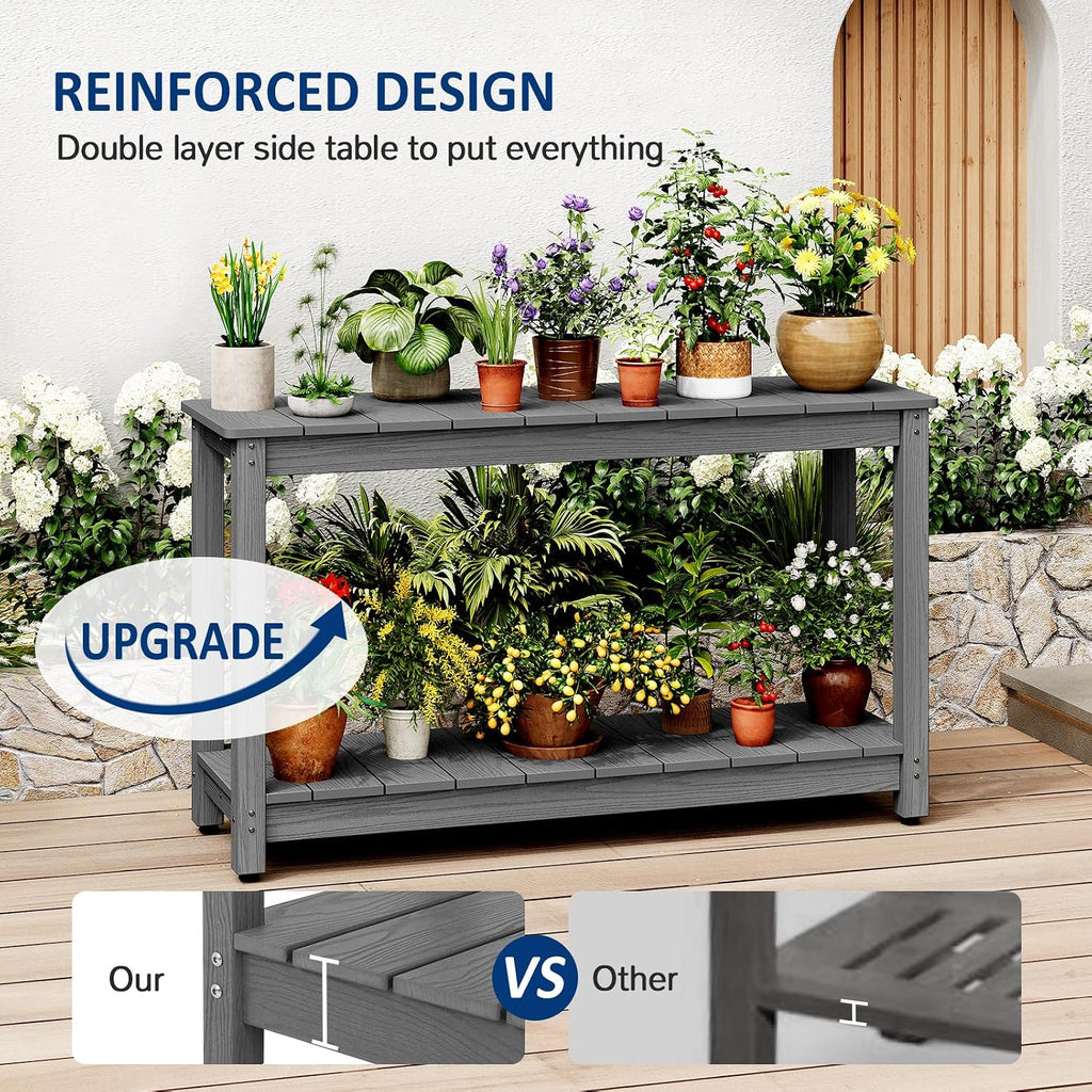 Outdoor Console Table, 48" Weather Resistant HIPS Patio Side Table, 440LBS Weight Capacity, 2-Tier Multifunctional Buffet Bar Storage Organizer for Garden Deck, Gray