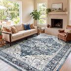 AMADA HOMEFURNISHING 8x10 Washable Area Rug, Low-Profile with Non-Slip Backing & Durable Edge Binding, Vintage Large Rugs for Living Room, Bedroom, Dining Room, Blue