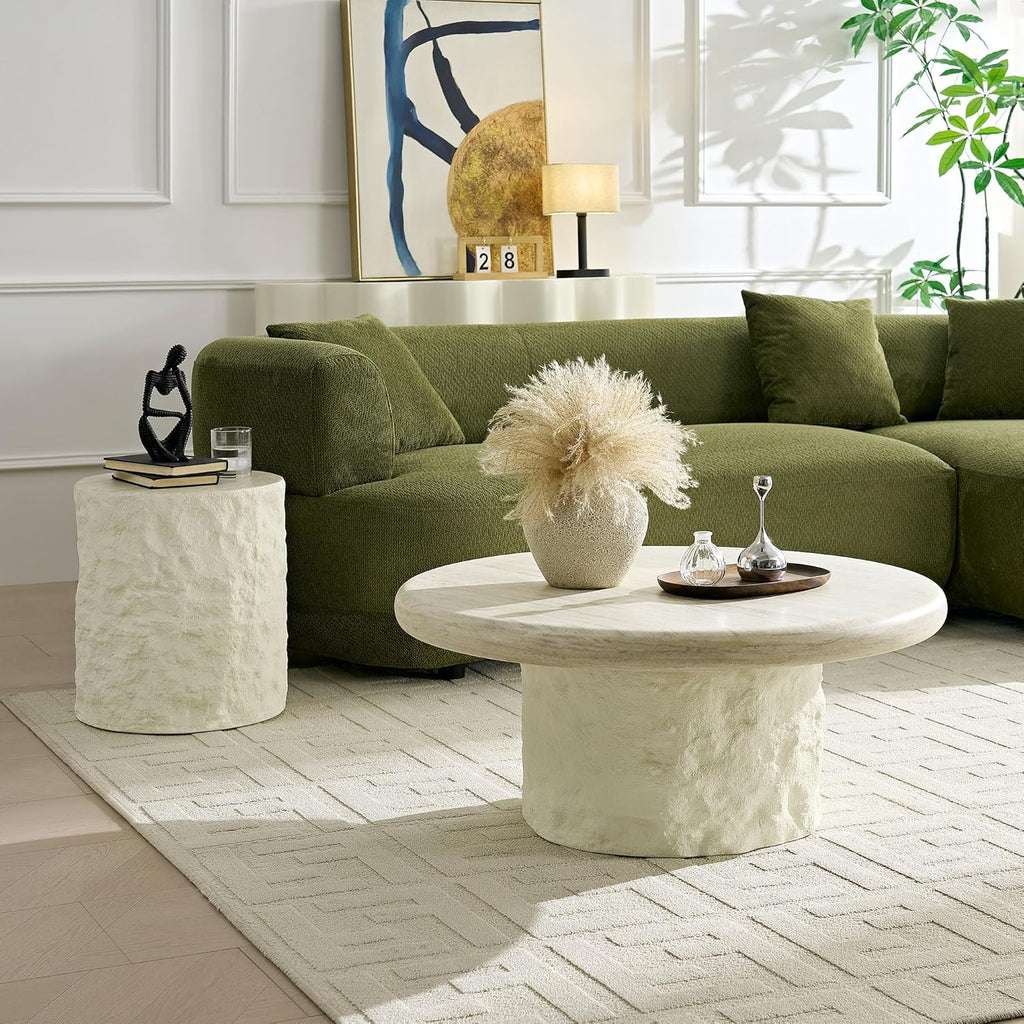 Two Fiberglass Round Coffee Table,15.75''+35.04'' Modern Design Round Side Table Center Coffee Table for Living Room,Office,Beige