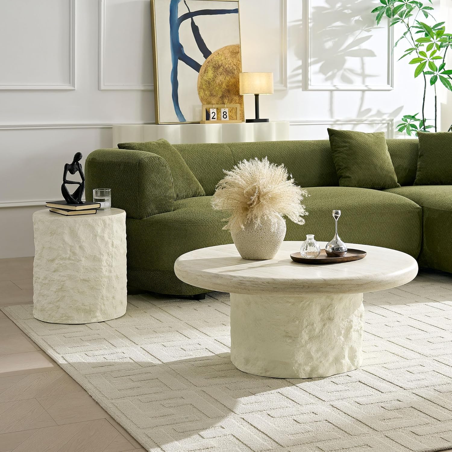 Two Fiberglass Round Coffee Table,15.75''+35.04'' Modern Design Round Side Table Center Coffee Table for Living Room,Office,Beige