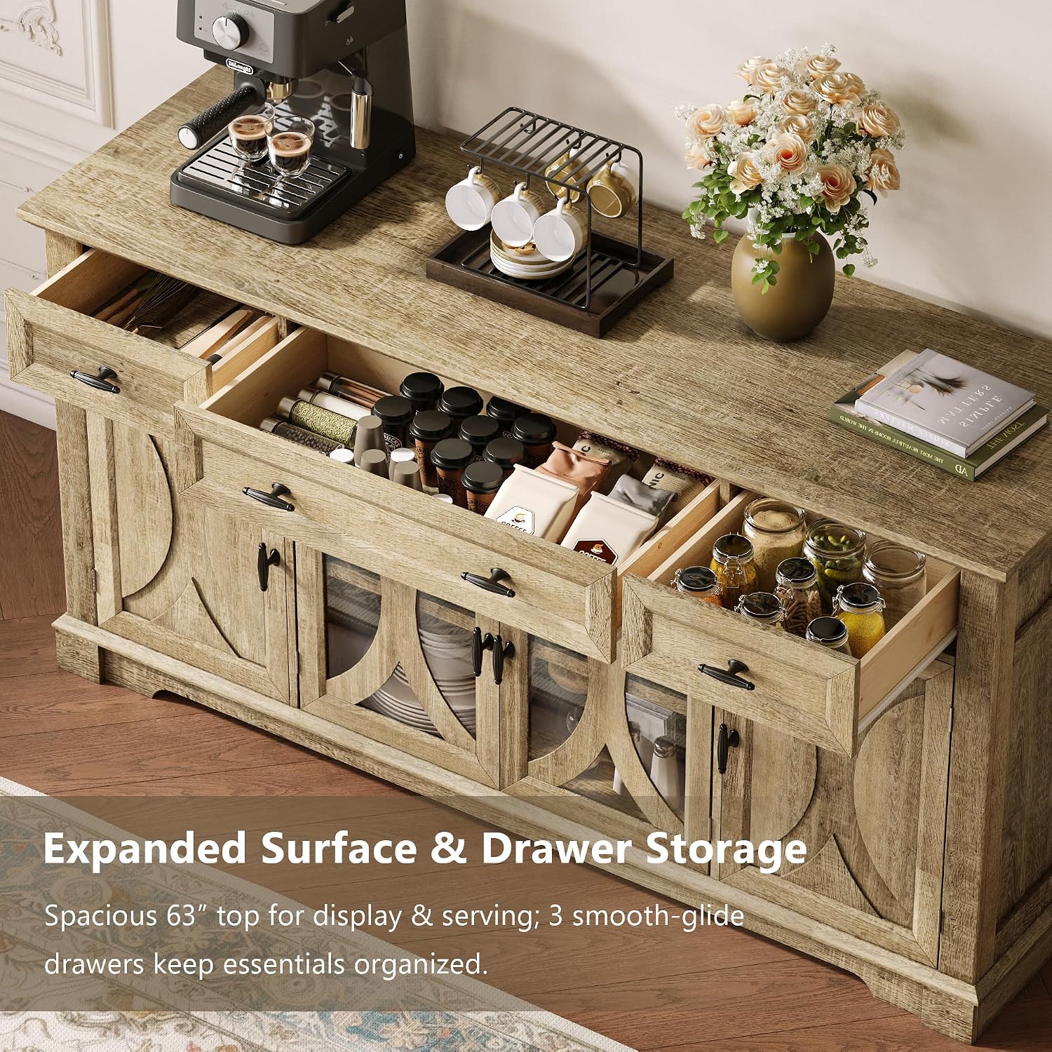 Einhomn 64" Farmhouse Sideboard Cabinet with 3 Drawers and 4 Doors, Buffet Cabinet with Adjustable Shelves and Curved Glass Doors, Large Storage Cabinet for Dining Room, Living Room, Kitchen,Natural