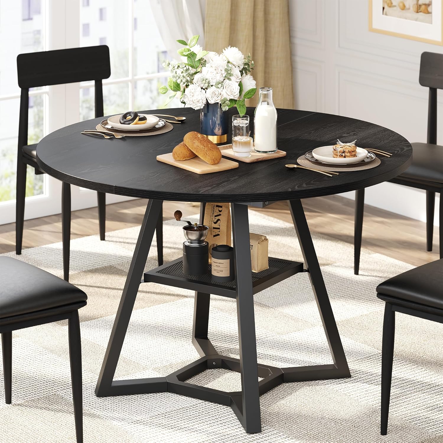 knoworld Round Dining Table for 4, Kitchen Tables Dining Room Circle Dinner Table with Pedestal Metal Frame, Space Saving Wood Industrial Kitchen Tables for Dining Room, Living Room, Black, 47 Inch