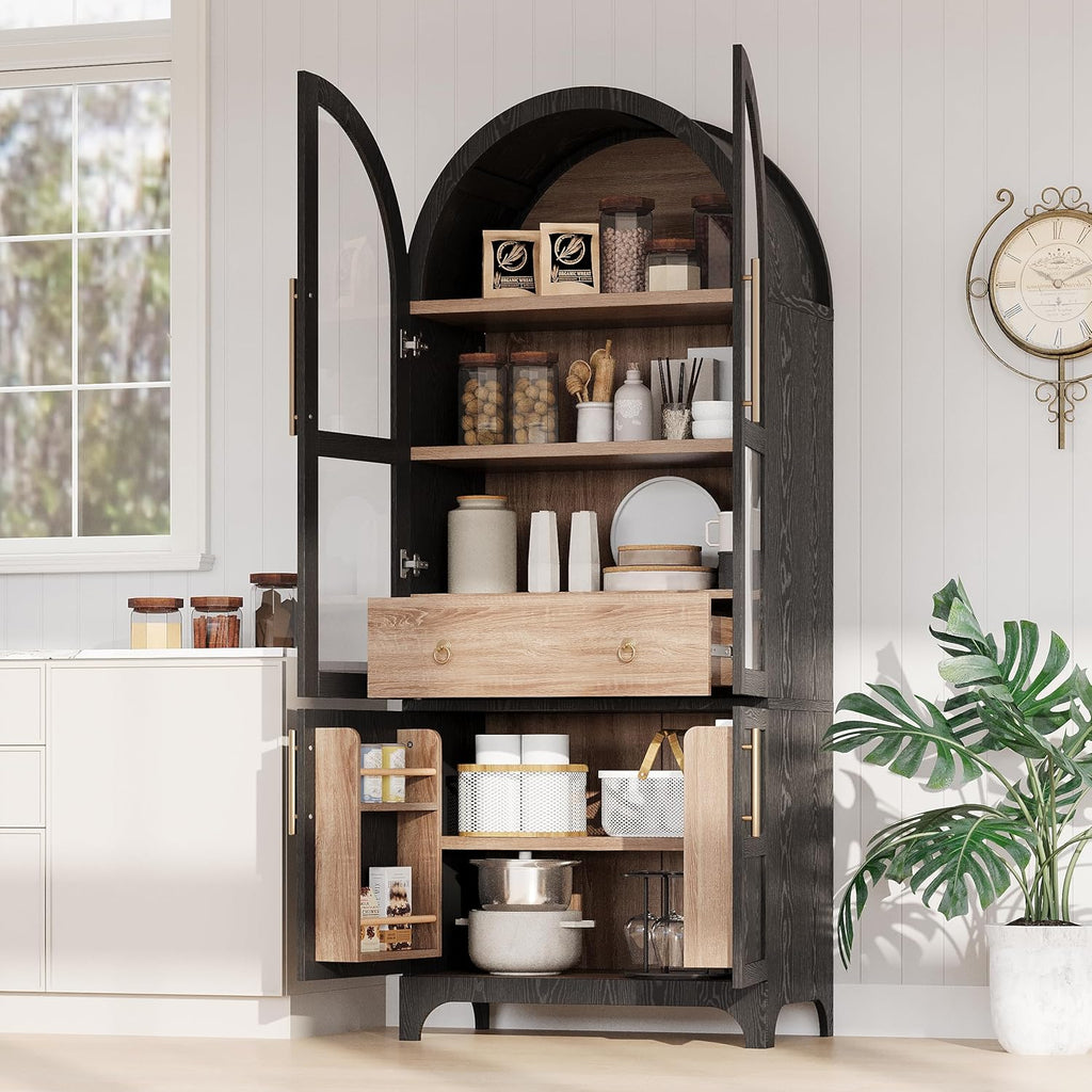 GDFStudio Mariah 71" Tall Arched Kitchen Pantry Cabinet with Hidden Drawer, Glass Door & Adjustable Shelves, Farmhouse Storage Cabinet Cupboard for Kitchen Dining Room, Home Pantry Storage, Black