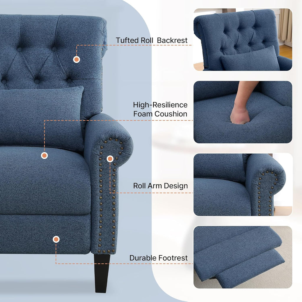 Pushback Recliner Chair, Accent Push Back Chair with Adjustable Footrest, Upholstered Linen Fabric Reclining Sofa with Side Pocket, Comfy Modern Armchair for Living Room, Navy Blue