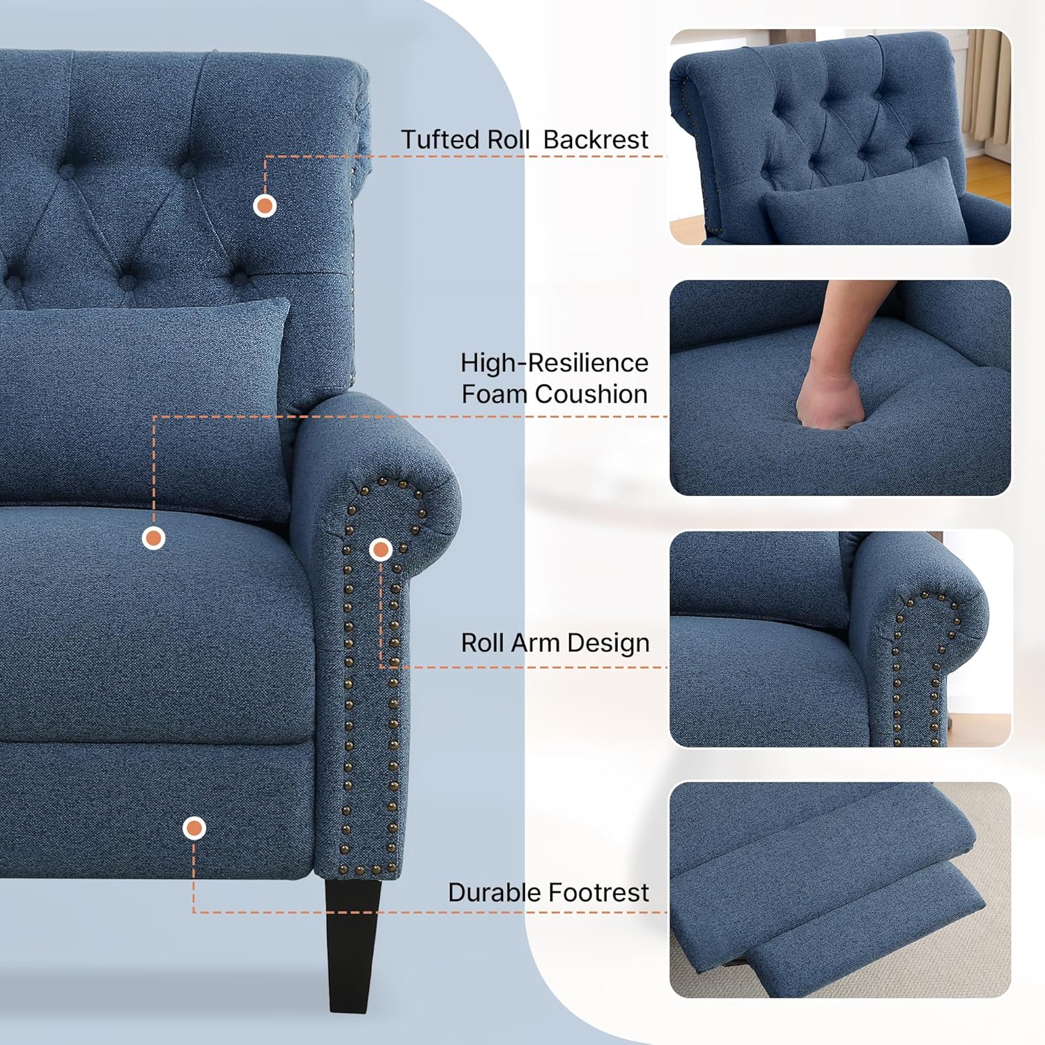 Pushback Recliner Chair, Accent Push Back Chair with Adjustable Footrest, Upholstered Linen Fabric Reclining Sofa with Side Pocket, Comfy Modern Armchair for Living Room, Navy Blue