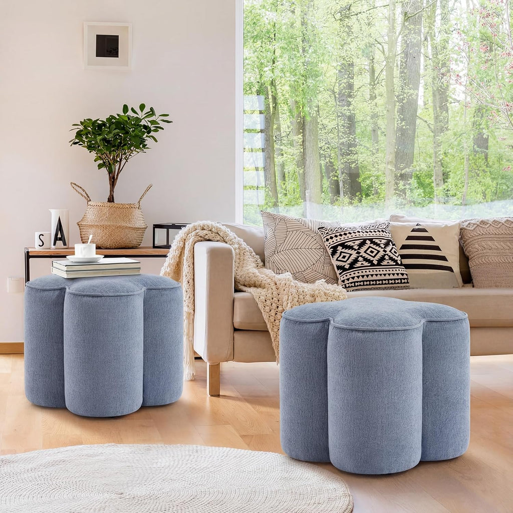 Blue Linen Ottoman Set of 2, Small Vanity Stool, Multi-Functional Ottoman Stool, Footrest for Couch, Flower Footstool for Makeup Room, Entryway and Living Room
