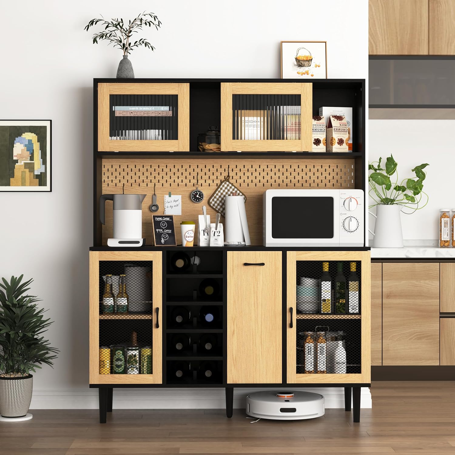 Farmhouse Buffet Sideboard Cabinet with Power Outlet & Wine Rack -59" Height, Coffee Bar Cabinet with Storage Door for Kitchen Pantry Living Room
