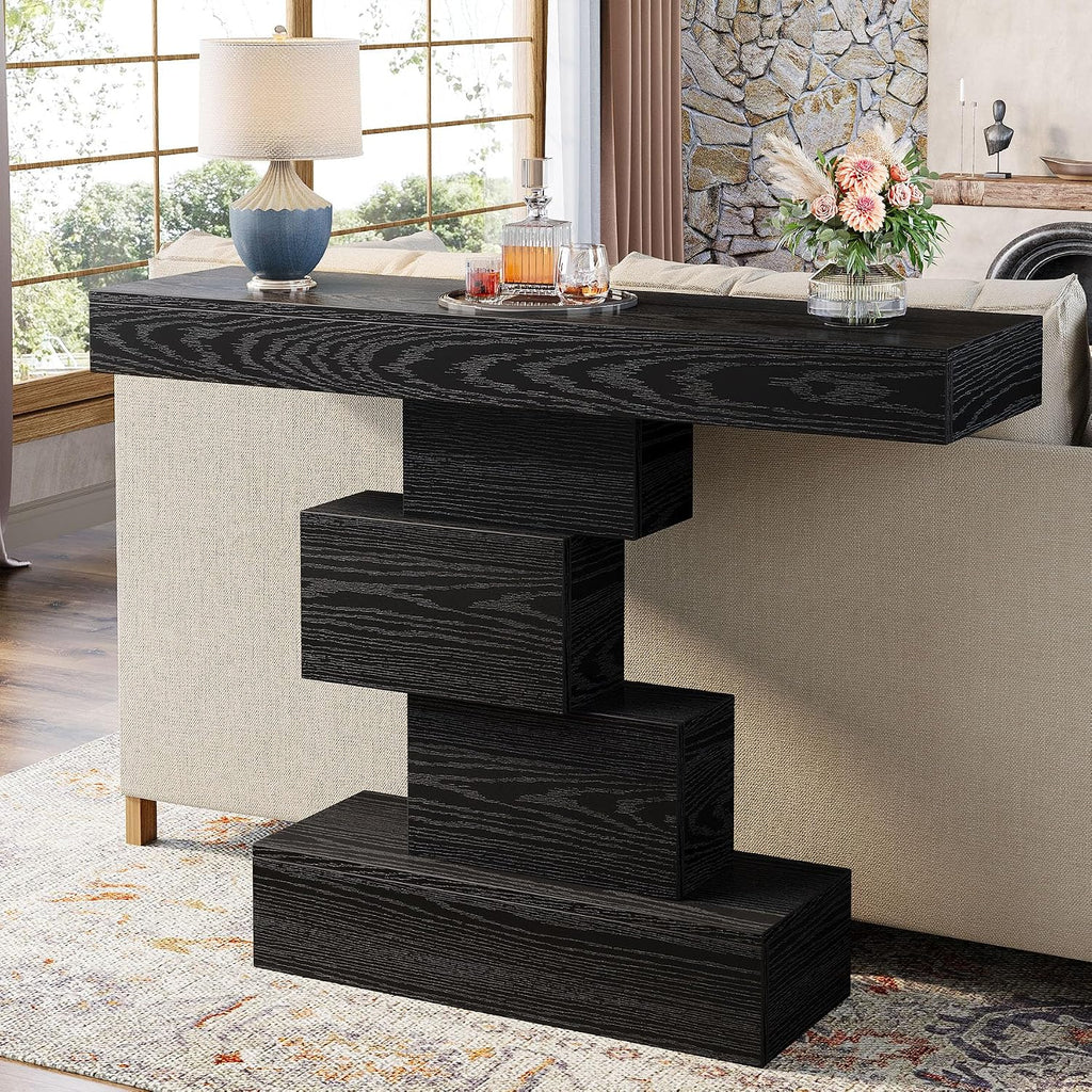 Tribesigns 42.5" Farmhouse Console Table, Narrow Wood Sofa Table Behind Couch with Geometric Base, Industrial Entryway Accent Table for Living Room, Hallway, Entrance (Black)