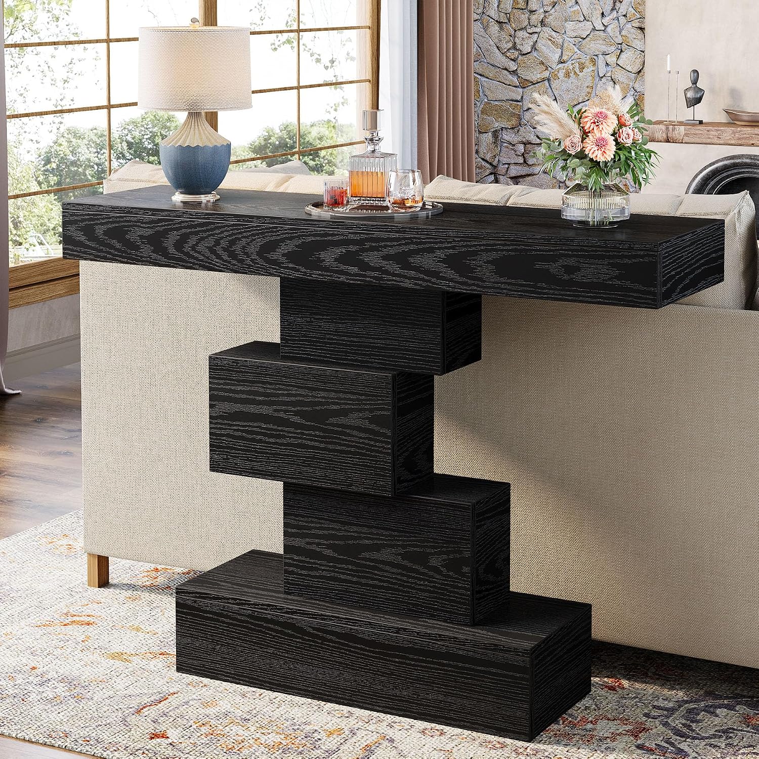 Tribesigns 42.5" Farmhouse Console Table, Narrow Wood Sofa Table Behind Couch with Geometric Base, Industrial Entryway Accent Table for Living Room, Hallway, Entrance (Black)