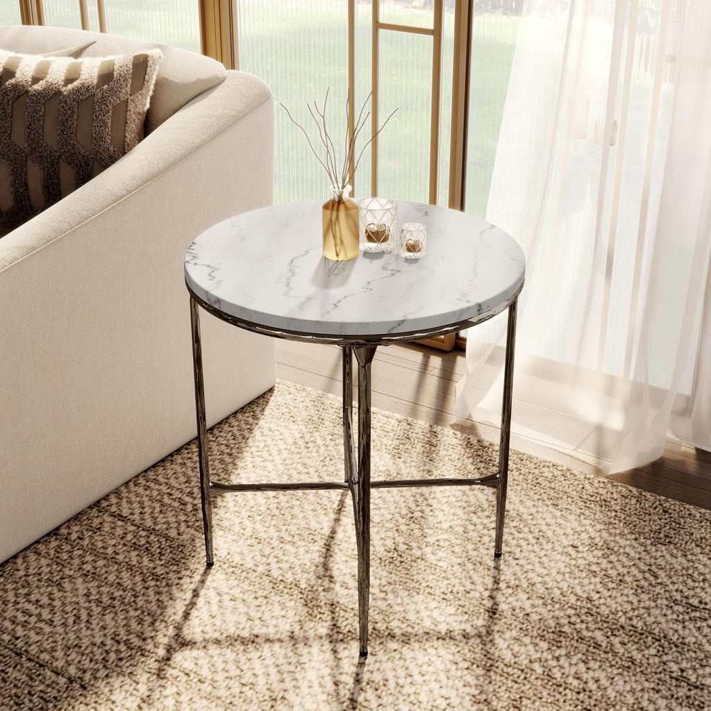 24/7 Shop at Home Aureum Modern 22-inch Round Marble Top End Table with X-Brace, Hammered Dark Bronze Metal Frame for Living Room, Office, White