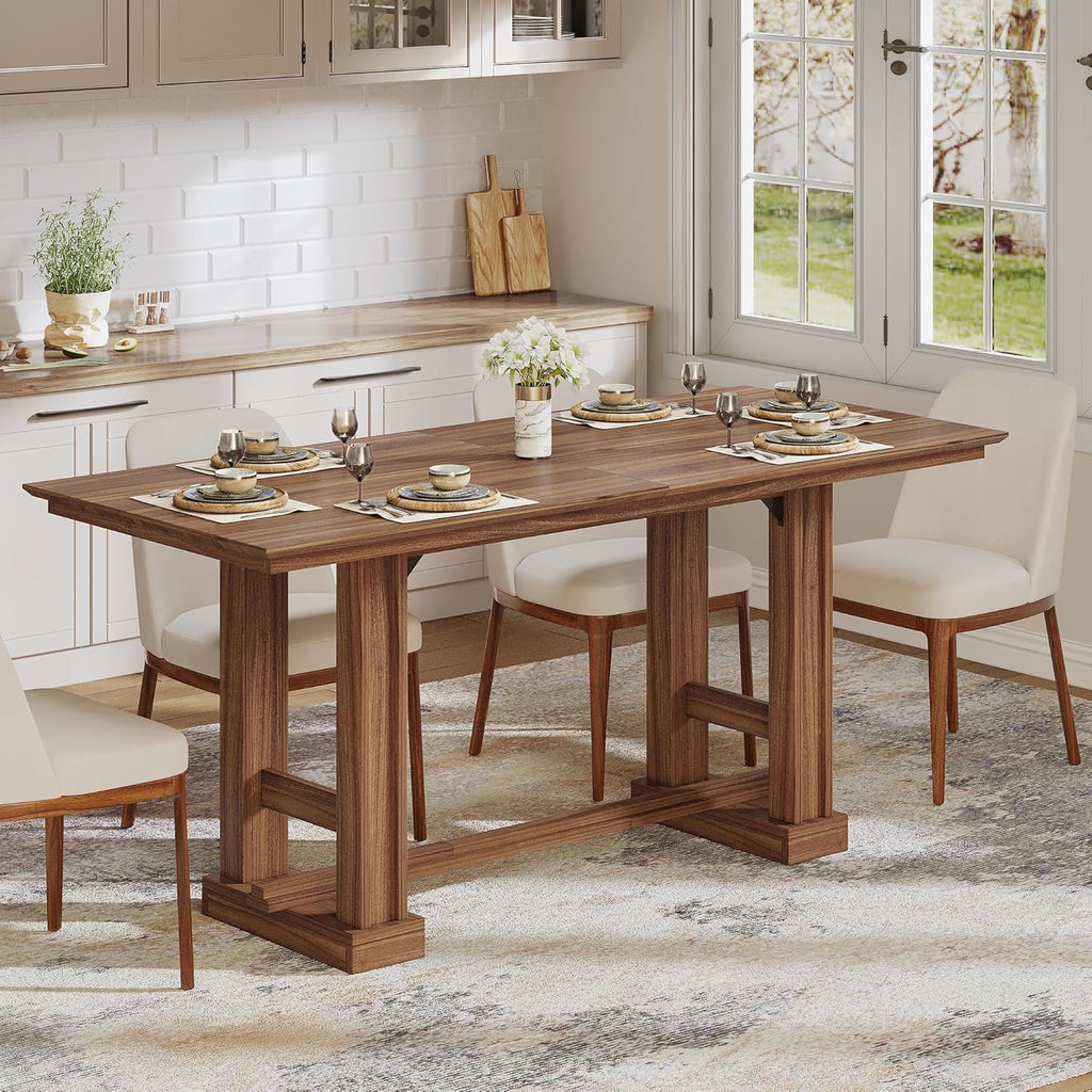 DWVO Farmhouse Dining Table for 6-8 People, 70" Long Kitchen Tables with Wooden Sturdy Legs, Large Rectangular Dinner Table for Kitchen, Dining Room, Living Room, Dark Walnut