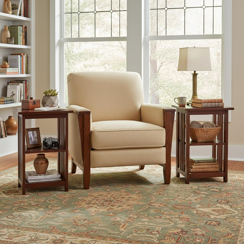 Alaterre Furniture Mission 3-Tier End Table Set of 2 – Craftsman Style Wood Side Table with Vertical Slat Side Panels and Open Storage for Living Room, Bedroom, or Cozy Reading Nook (Cherry)