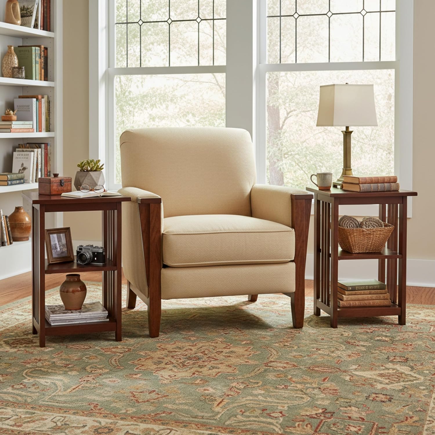 Alaterre Furniture Mission 3-Tier End Table Set of 2 – Craftsman Style Wood Side Table with Vertical Slat Side Panels and Open Storage for Living Room, Bedroom, or Cozy Reading Nook (Cherry)
