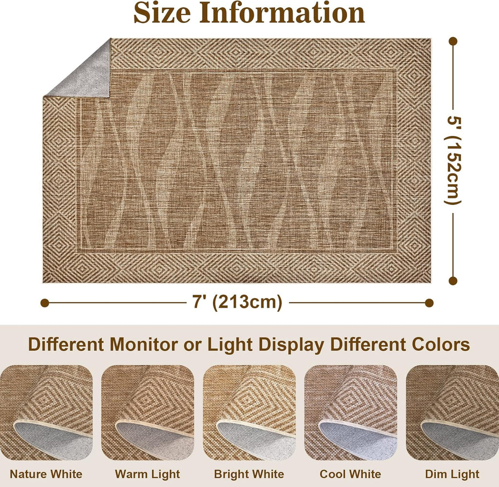 Jute Rug 5x7 Outdoor Patio Rug with Border, Washable Rugs for Living Room, Farmhouse Non Slip Area Rugs with Rubber Backing Indoor Outdoor, Non Shedding Carpet for Bedroom, Courtyard, Light Brown