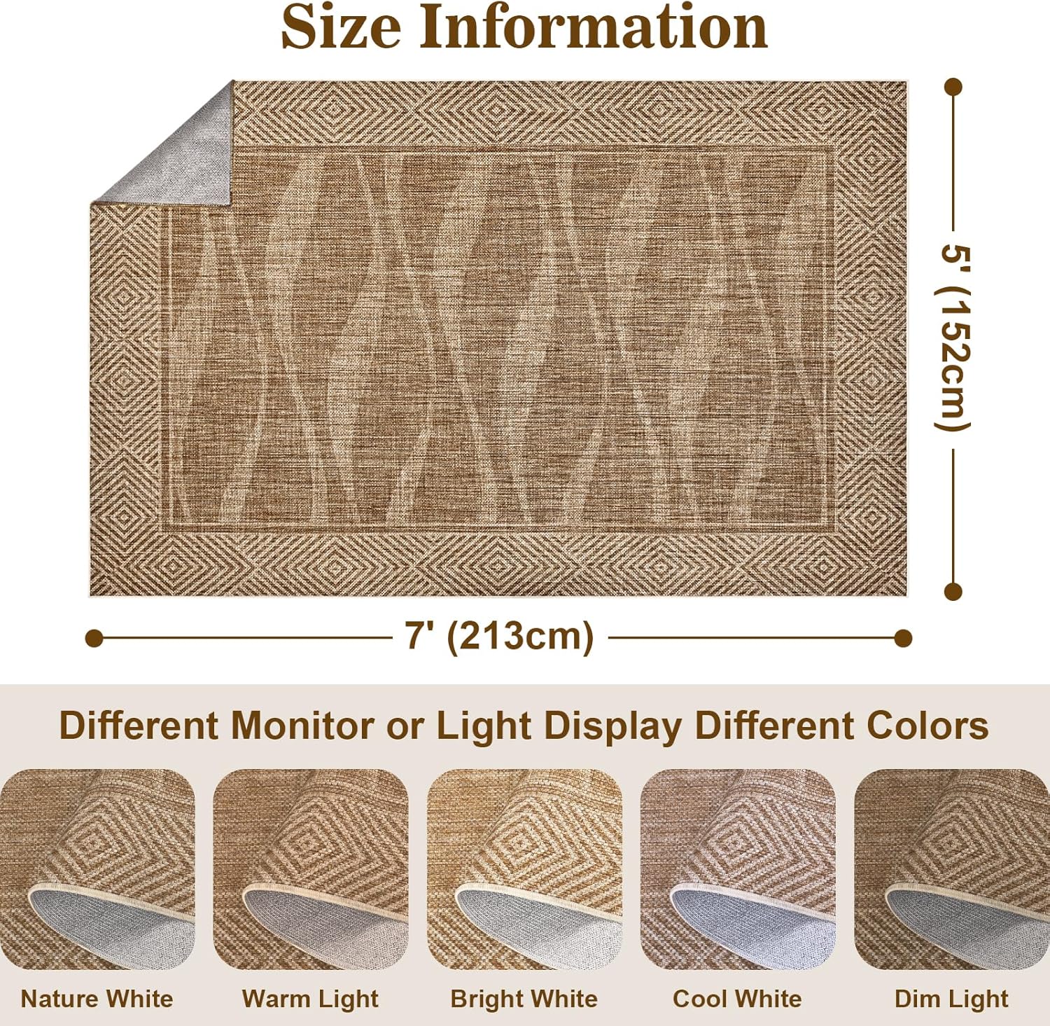 Jute Rug 5x7 Outdoor Patio Rug with Border, Washable Rugs for Living Room, Farmhouse Non Slip Area Rugs with Rubber Backing Indoor Outdoor, Non Shedding Carpet for Bedroom, Courtyard, Light Brown