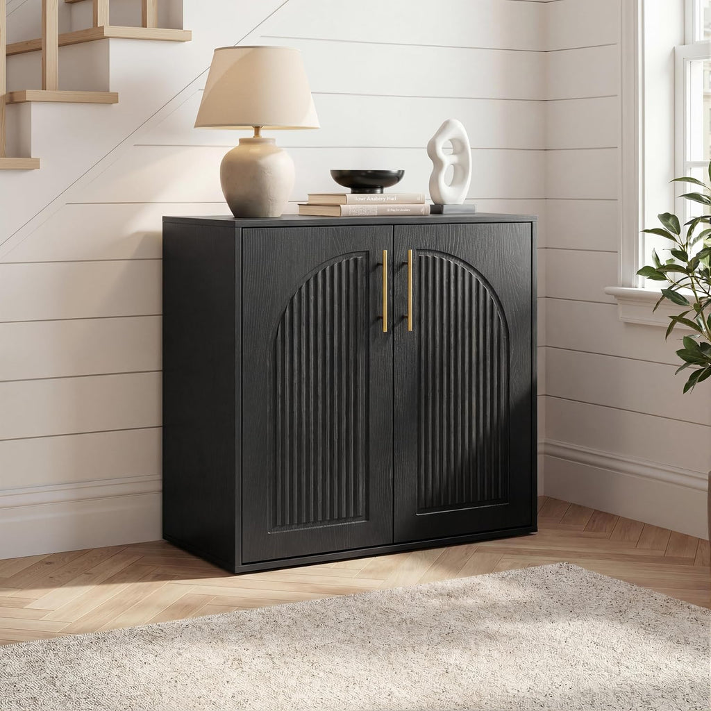 Fluted Sideboard Buffet Cabinet with Storage, Arched Doors & Adjustable Shelves, Modern Accent Credenza, Anti-Tip Console Cabinet for Living Room, Entryway, Hallway & Kitchen, Black