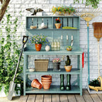 P PURLOVE 65" Large Wooden Rustic Outdoor Potting Bench Table, Patio Workstation, Garden Plant Lawn Patio Bench Shelf with 4 Storage Shelves and Side Hook