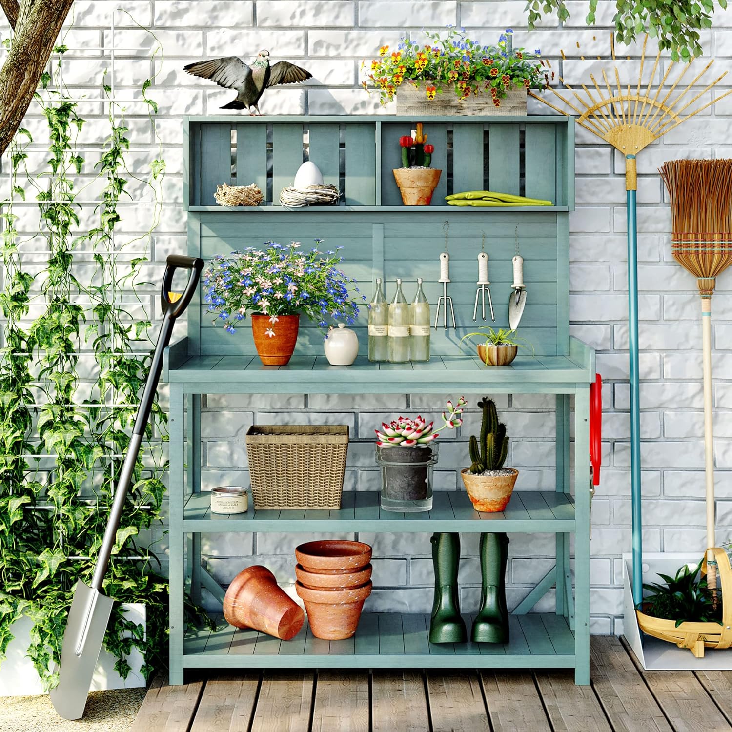 P PURLOVE 65" Large Wooden Rustic Outdoor Potting Bench Table, Patio Workstation, Garden Plant Lawn Patio Bench Shelf with 4 Storage Shelves and Side Hook