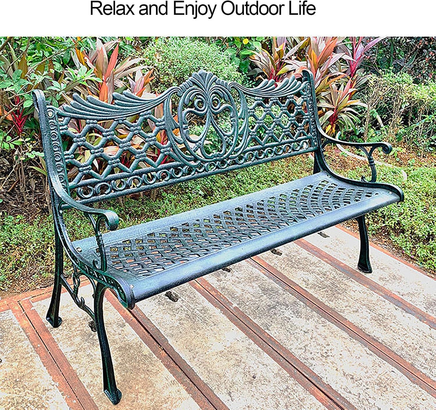 Bench，Patio Garden Bench, Anti- Rust Cast Iron Cast Aluminum Frame for Outdoor Path Yard Lawn Work Entryway Decor(A)