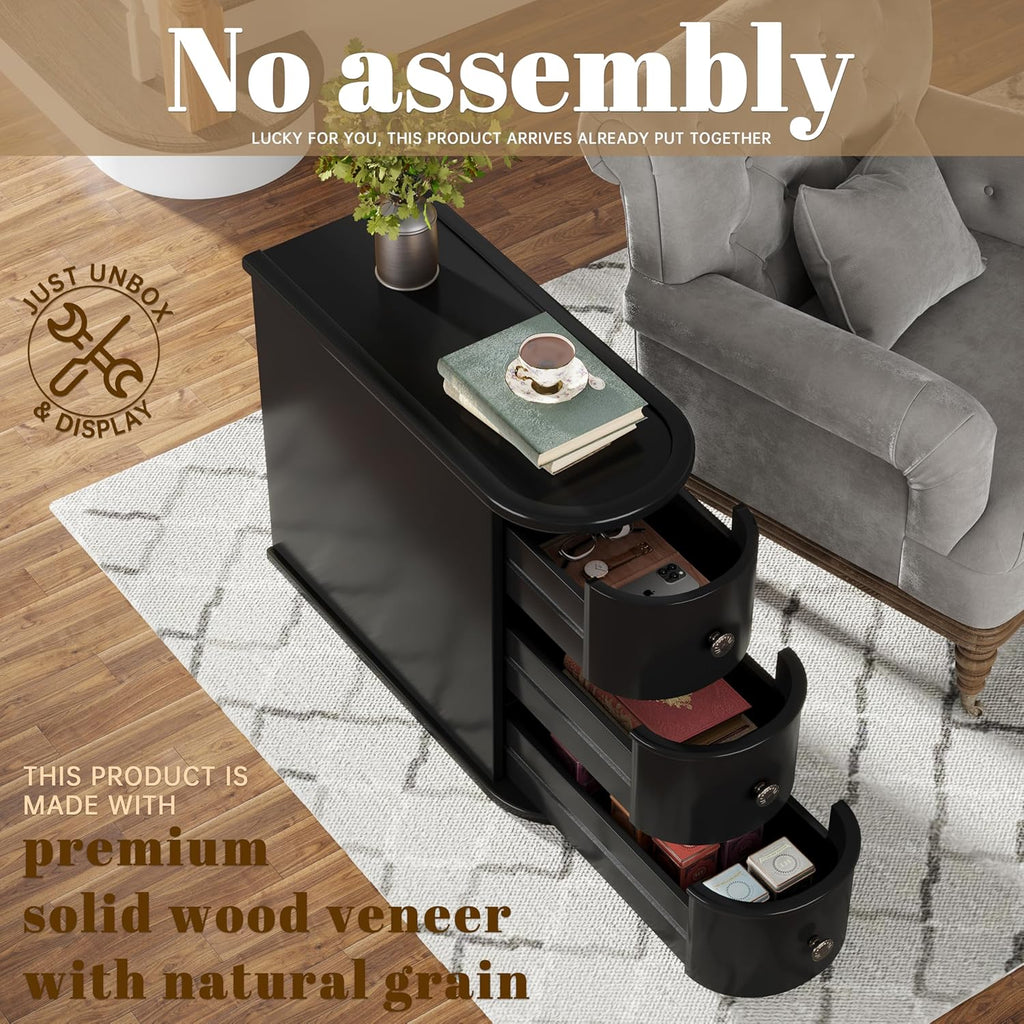 Wood End Table with 3 Drawers, No Assembly Required Narrow Sofa Side Table for Living Room, Vintage Slim Nightstand Bedside Table Bedroom (3 Drawers, Black, 2 Pcs)