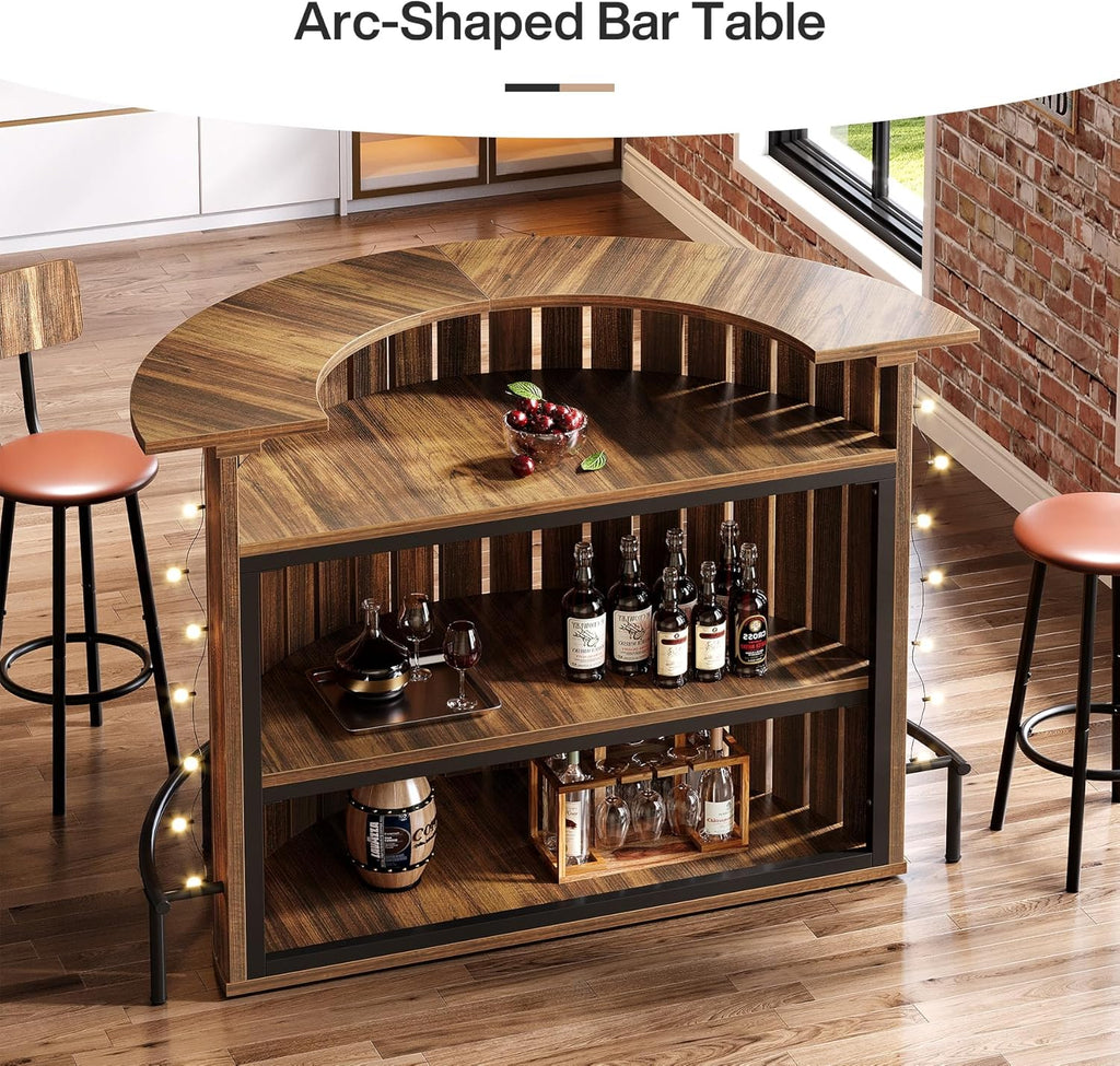 Tribesigns 4-Tier Bar Table, 47.24" Mini Home Bar Table with Footrest, Arc-Shaped Modern Bar Cabinet for Home, Living Room, Rustic Brown