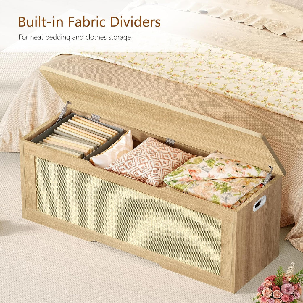 usikey 47.2" Large Storage Chest with Fabric Drawer, Toy Box with Safety Hinges, Extra Wide Storage Bench for Bedroom, Living Room, Entryway, Supports 300 lb